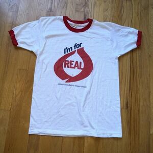 Vintage Screen Stars Shirt Mens L White Ringer I'm For‎ Real Dairy Promo 80s Tee